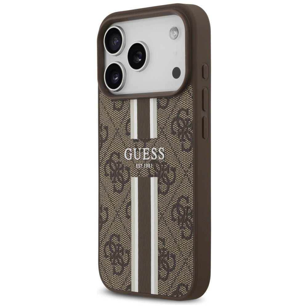 Guess iPhone 17 Pro - 4G Printed Stripes MagSafe - Θήκη με Επένδυση Συνθετικού Δέρματος - Brown - GUHMP17LP4RPSW