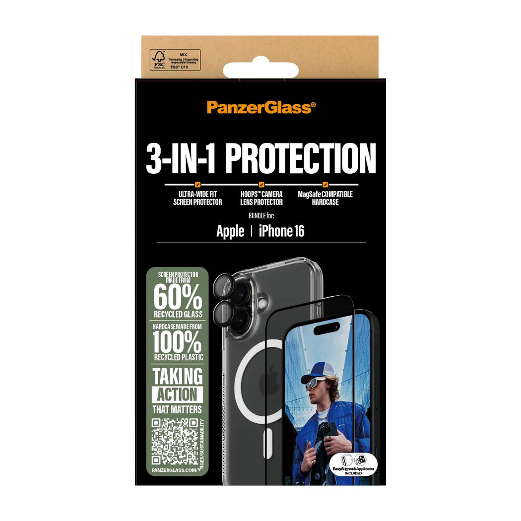 PanzerGlass iPhone 16 - Σετ με 1 Αντιχαρακτικό Γυαλί Οθόνης Ultra-Wide Fit, 1 Αντιχαρακτικό Γυαλί για την Κάμερα και 1 Σκληρή Θήκη με MagSafe - Διάφανο