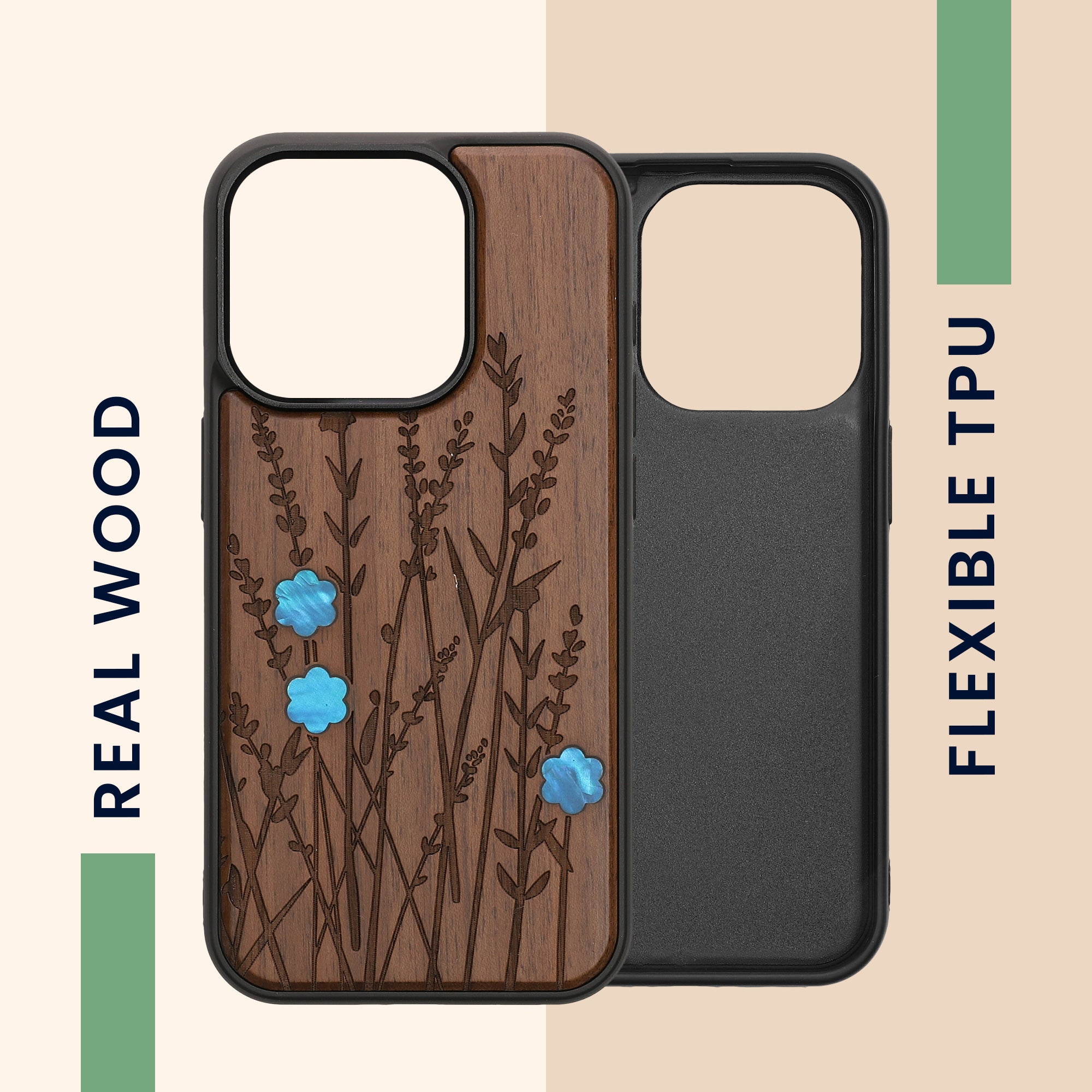 KW iPhone 15 Pro Θήκη από Φυσικό Ξύλο - Design Wild Flowers Pearl - Dark Brown