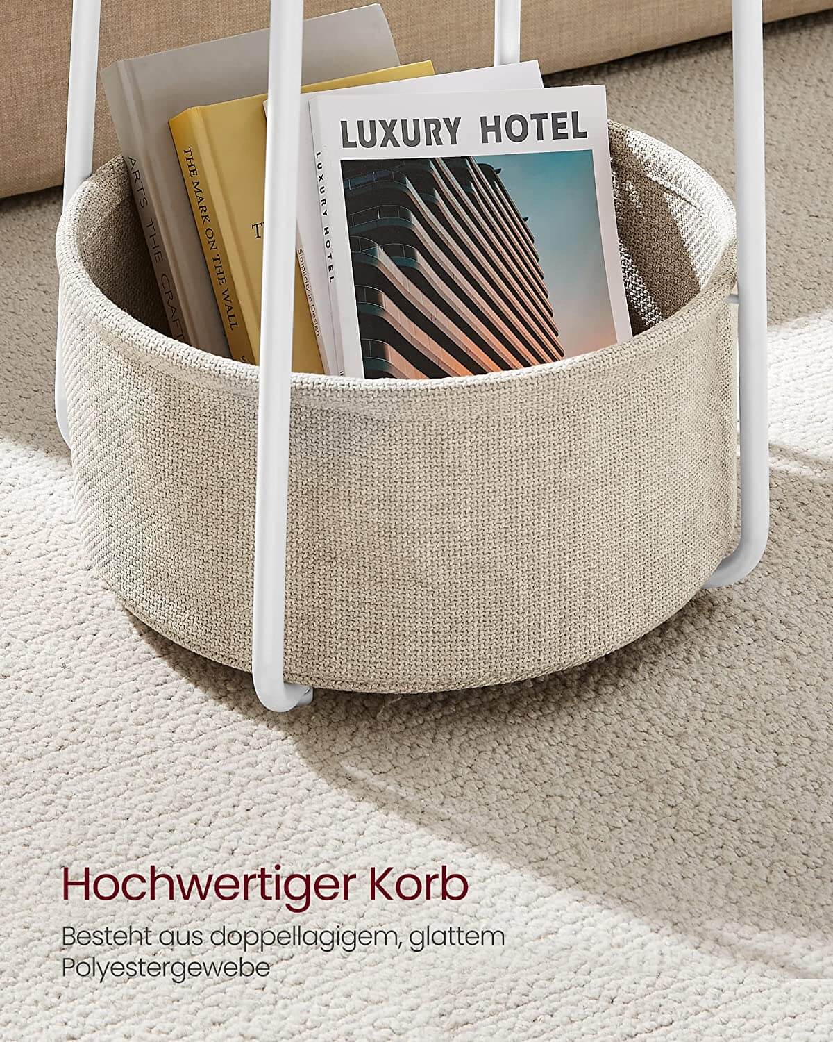 Vasagle Στρόγγυλο Βοηθητικό Τραπέζι με Υφασμάτινο Καλάθι Αποθήκευσης - White / Beige - LET223W10