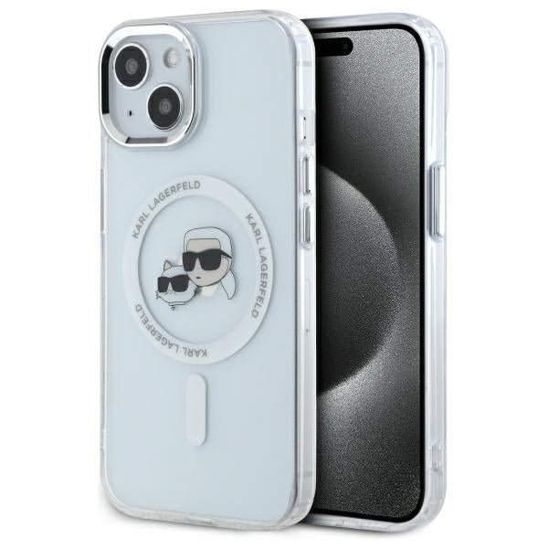 Karl Lagerfeld iPhone 15 - IML Metal Karl and Choupette Head - Σκληρή Θήκη με Πλαίσιο Σιλικόνης και MagSafe - White - KLHMP15SHLSKCH