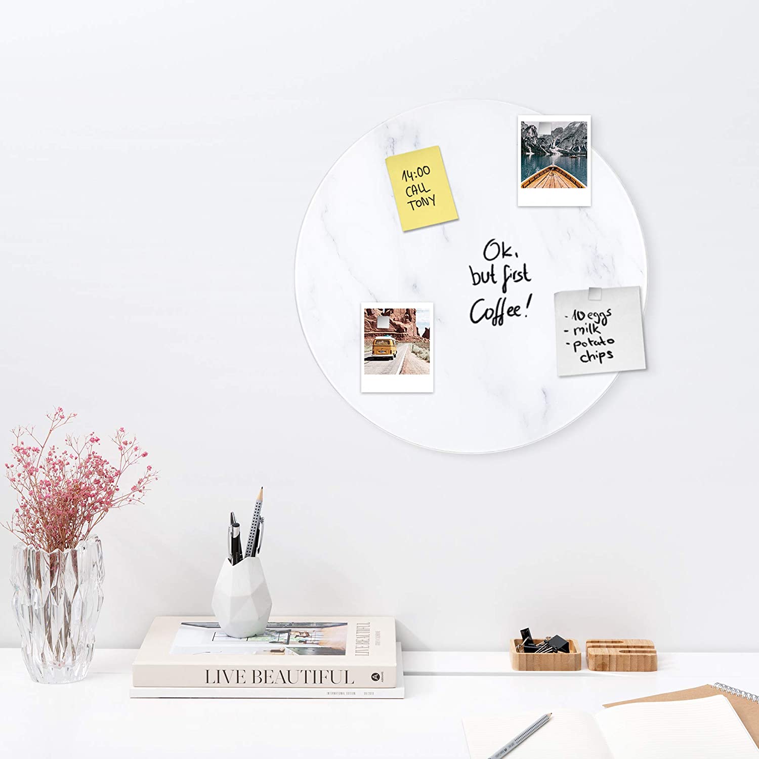 Navaris Στρόγγυλος Μαγνητικός Γυάλινος Πίνακας - 50cm - Design White Marble - 53030.01.16