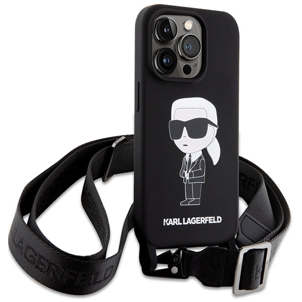 Karl Lagerfeld iPhone 15 Pro Max Crossbody Silicone Ikonik Σκληρή Θήκη με Πλαίσιο Σιλικόνης και Λουράκι - Black - KLHCP15XSCBSKNK