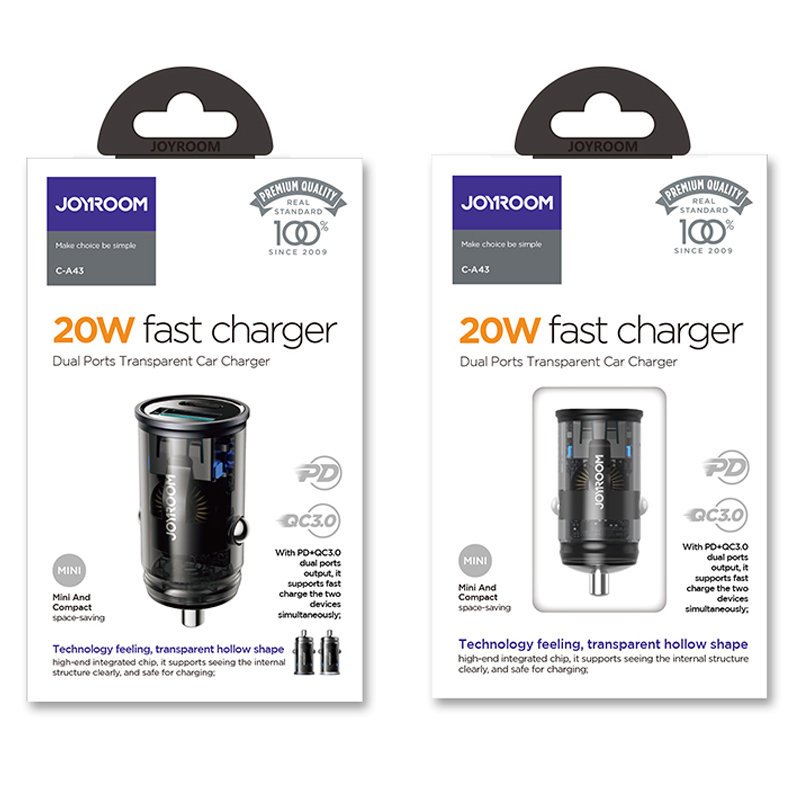 Joyroom C-A43 Φορτιστής Αυτοκινήτου Γρήγορης Φόρτισης με 1 Θύρα USB και 1 Θύρα Type-C 3A PD 20W QC 3.0 - Grey