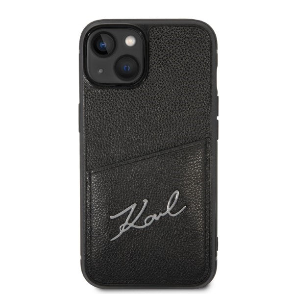 Karl Lagerfeld iPhone 14 Plus - Signature Logo Σκληρή Θήκη με Επένδυση Συνθετικού Δέρματος και Πλαίσιο Σιλικόνης - Black - KLHCP14MCSSK