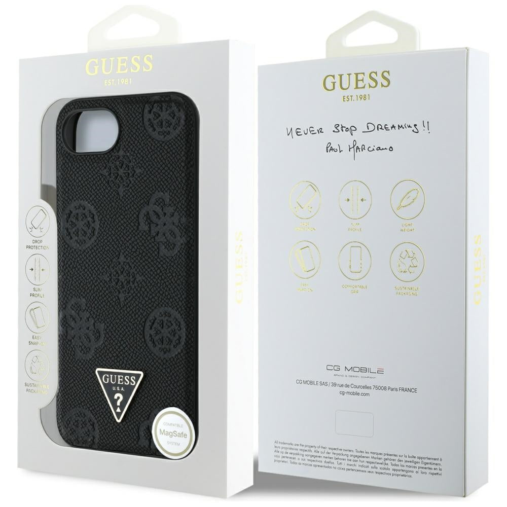 Guess iPhone 16e - Grained Hot Stamp Peony Triangle Logo - MagSafe Σκληρή Θήκη με Επένδυση Συνθετικού Δέρματος - Black - GUHMPSE4PGBTMK