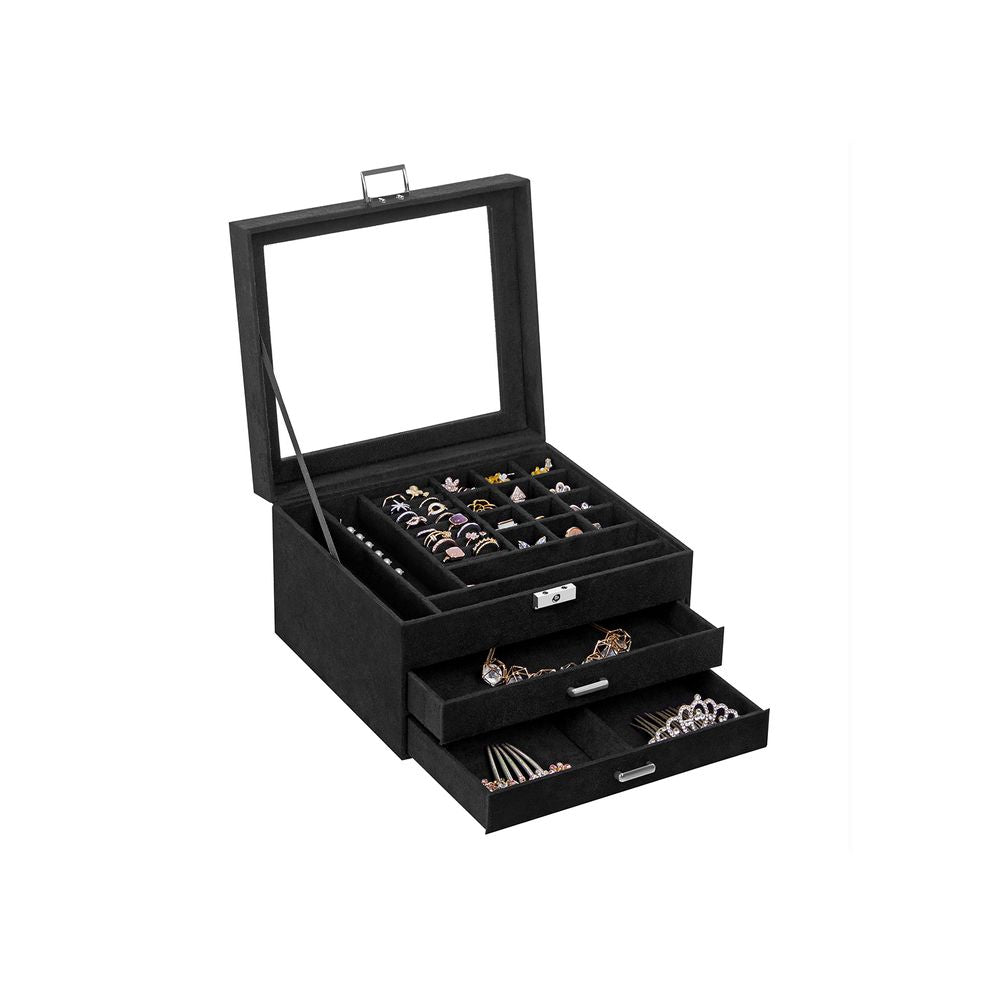 Songmics Κουτί Αποθήκευσης Κοσμημάτων με Συρτάρια και Γυάλινο Καπάκι - Black - JBC158B01