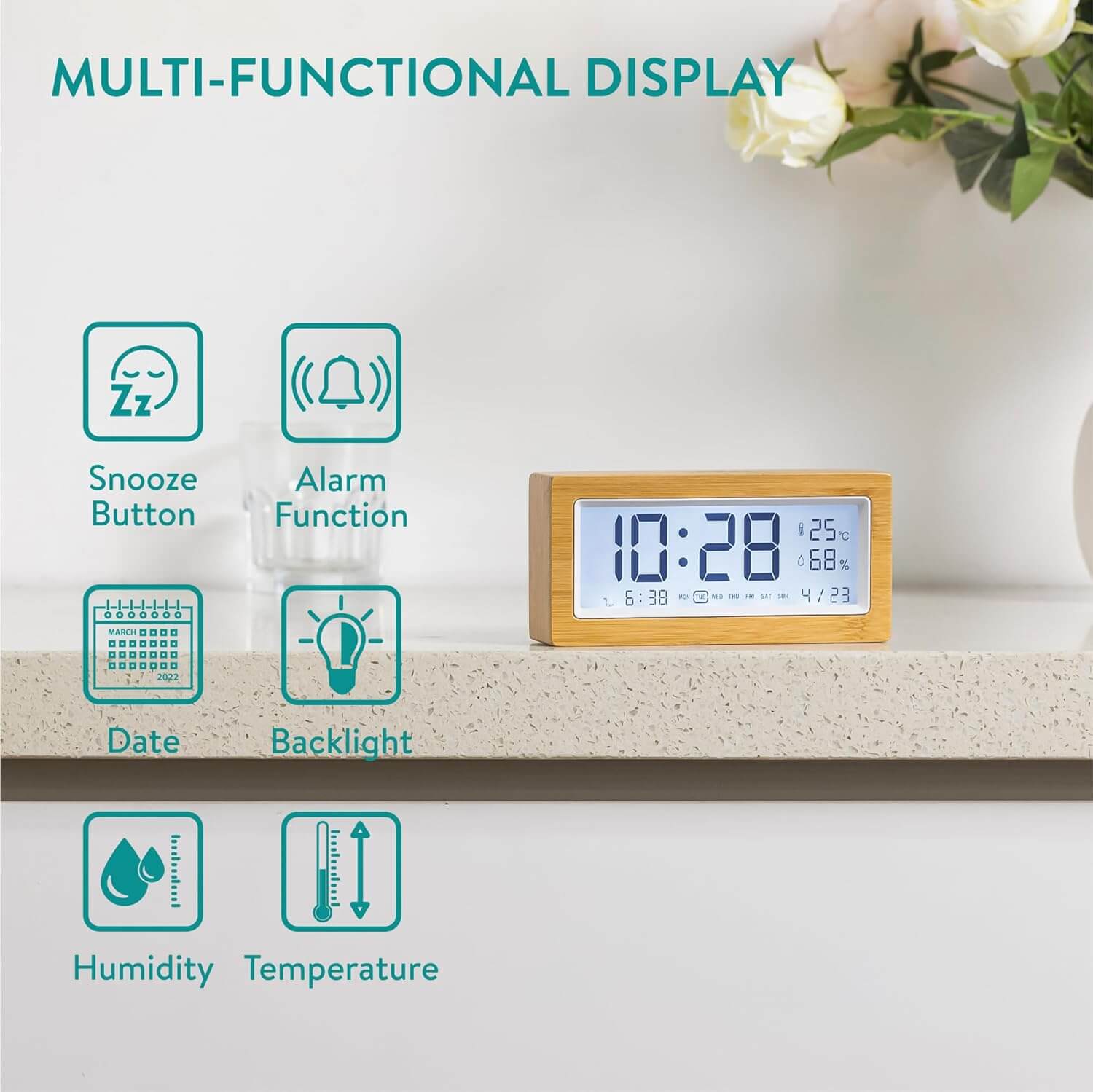 Navaris Ψηφιακό Επιτραπέζιο Ρολόι και Ξυπνητήρι από Μπαμπού με Ένδειξη Θερμοκρασίας και Ημερομηνίας - White / Light Brown - 60679.01