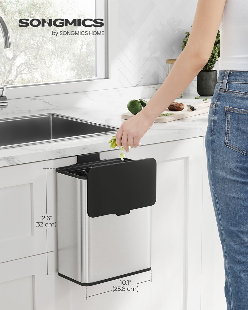 Songmics Κρεμαστός Κάδος Απορριμμάτων για Ντουλάπι από Ατσάλι και Πλαστικό Καπάκι - 8L - Metallic Silver - LTB810E08