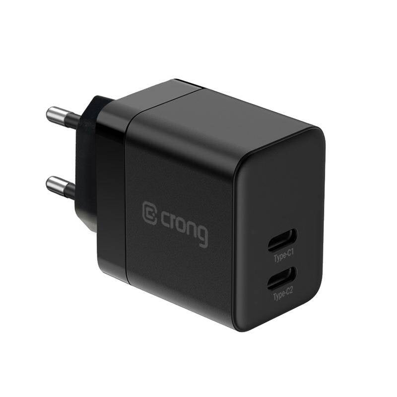 Crong Utra Compact GaN 35W PD 3.0 Οικιακός Φορτιστής Γρήγορης Φόρτισης με 2 Θύρες Type-C - Black