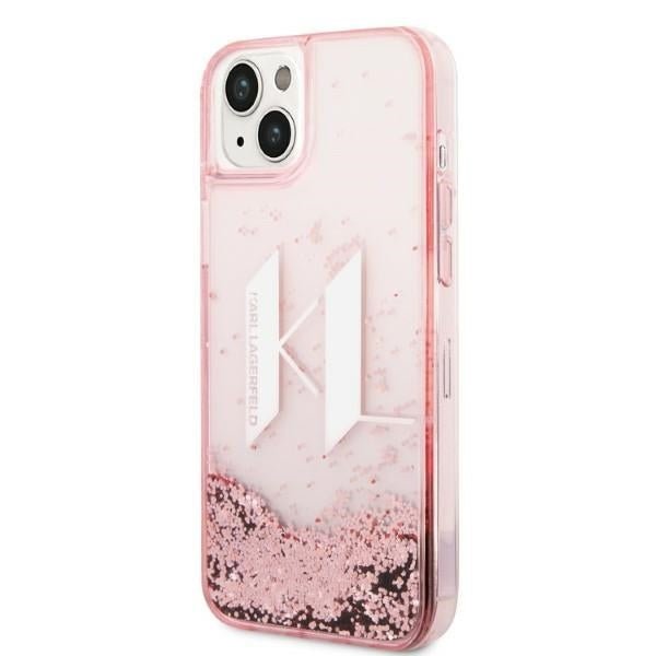 Karl Lagerfeld iPhone 14 Plus / 15 Plus - Liquid Glitter Big KL Σκληρή Θήκη με Πλαίσιο Σιλικόνης - Διάφανη / Pink - KLHCP14MLBKLCP