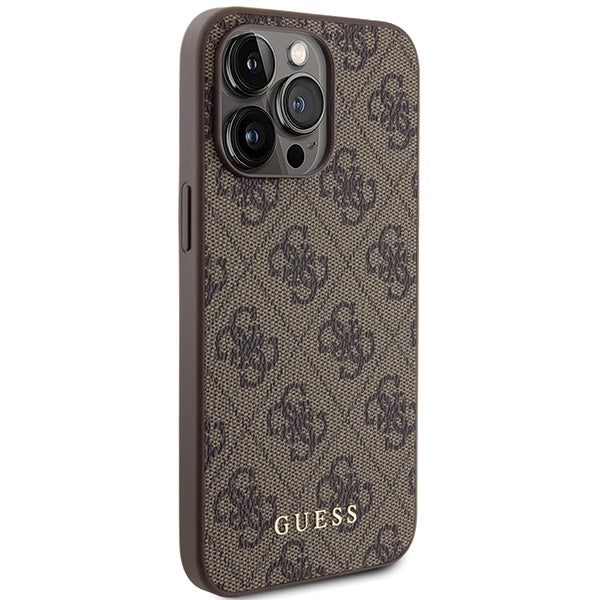 Guess iPhone 15 Pro Max - 4G Metal Gold Logo Σκληρή Θήκη με Επένδυση Συνθετικού Δέρματος - Brown - GUHCP15XG4GFBR
