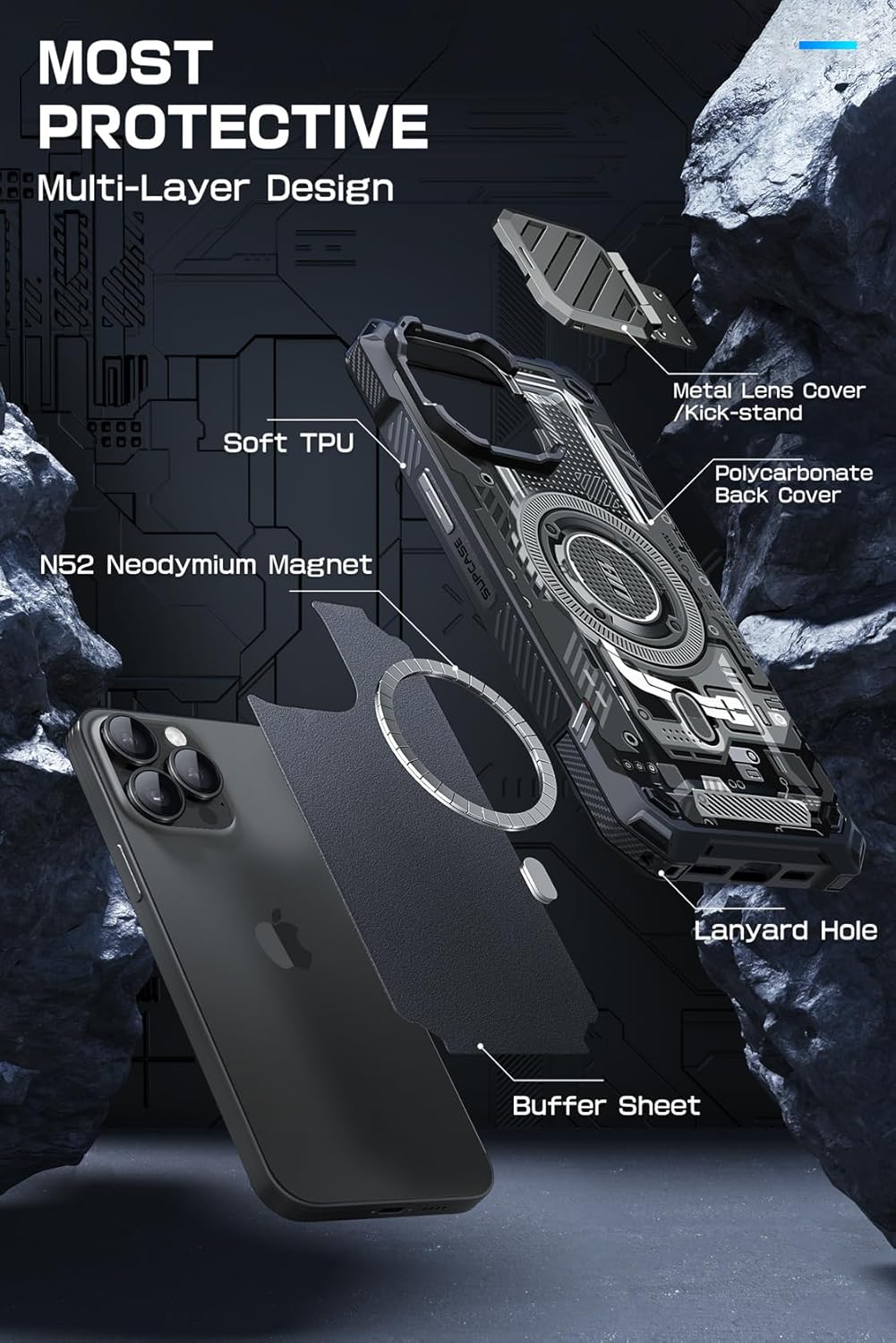 Supcase iPhone 15 Pro Max - Unicorn Beetle XT MagSafe - Σκληρή Θήκη με Προστασία Κάμερας / Stand - Black Circuit