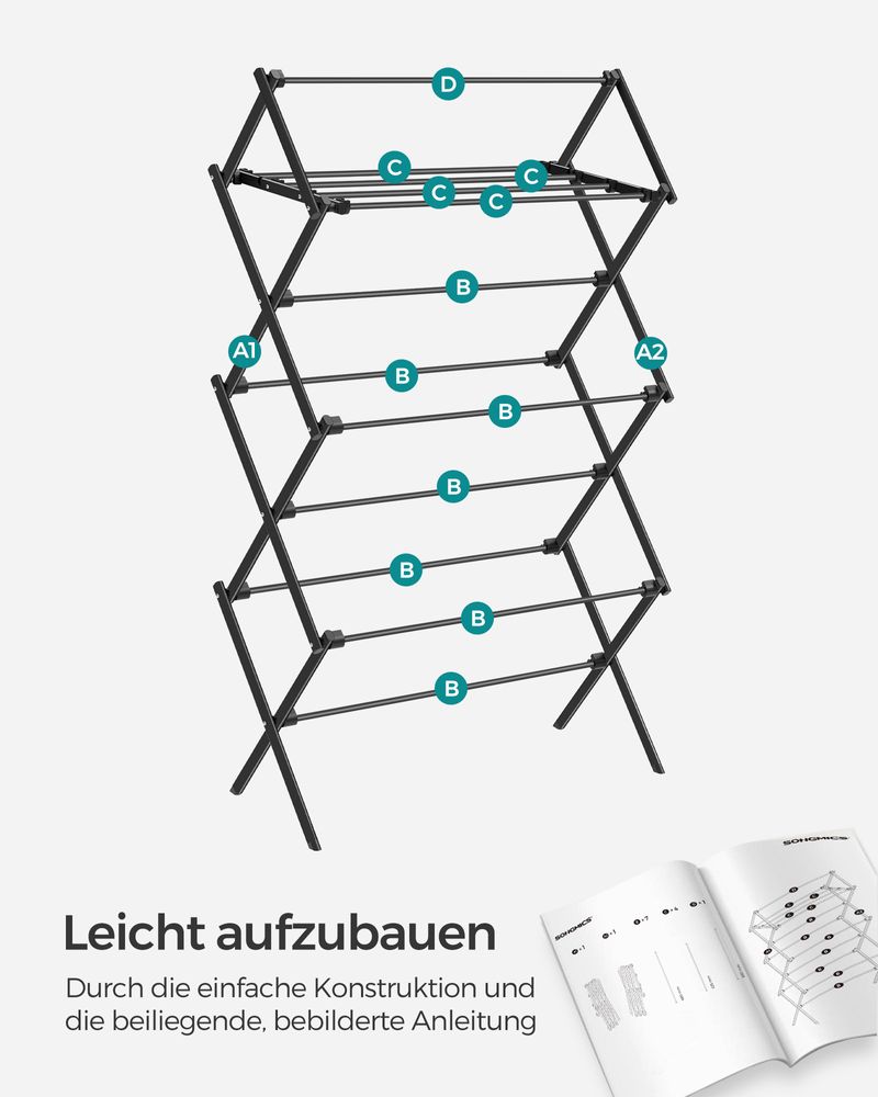 Songmics Πτυσσόμενη Μεταλλική Απλώστρα Ρούχων - 37 x 75 x 135.1 cm - Black - LLR770B01