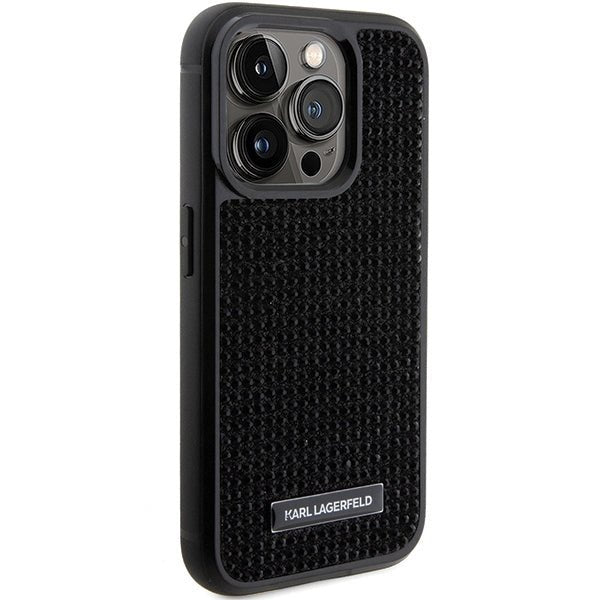 Karl Lagerfeld iPhone 15 Pro Max - Rhinestone Logo Metal Plate Σκληρή Θήκη με Πλαίσιο Σιλικόνης - Black - KLHCP15XHDSPLK