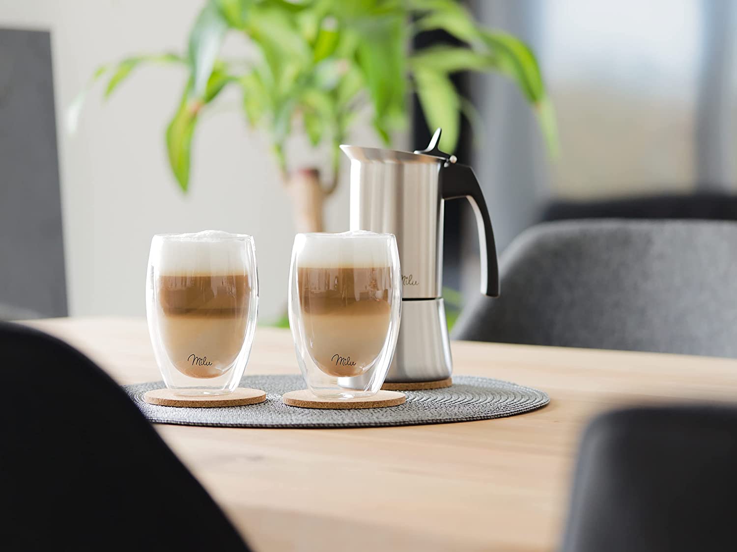 Milu Thermal Glasses - Σετ με 2 Κούπες Διπλής Όψεως Από Γυαλί με 2 Σουβέρ από Φελλό - 350ml - Διάφανες - 2433