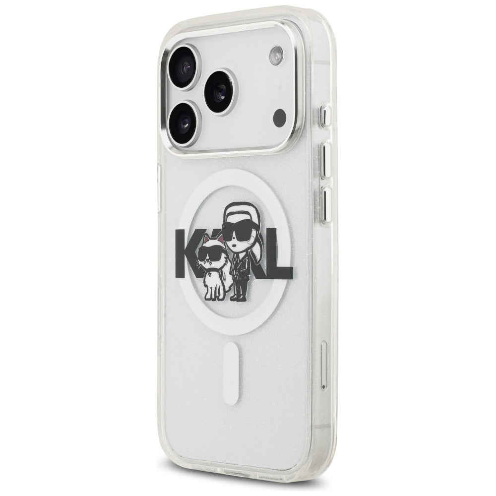 Karl Lagerfeld iPhone 17 Pro - IML Glitter Karl and Choupette Sketch Logo MagSafe - Σκληρή Θήκη με Πλαίσιο Σιλικόνης - Clear - KLHMP17LHGKCGKBT