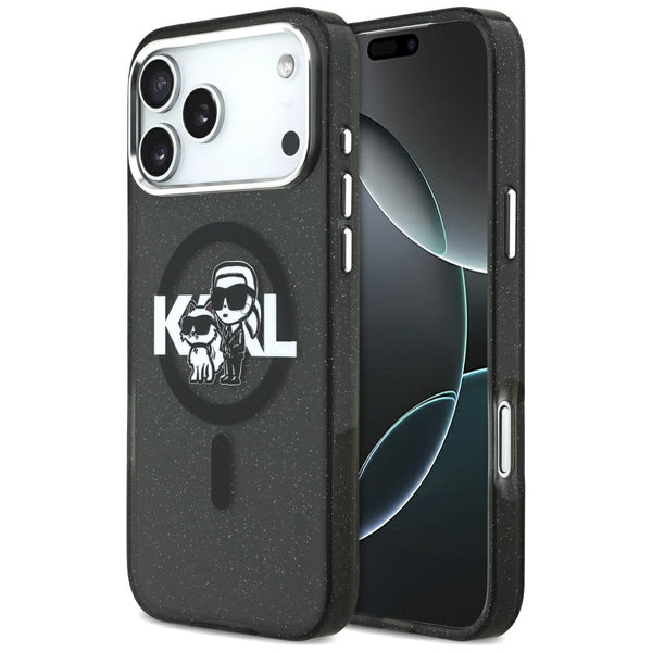 Karl Lagerfeld iPhone 17 Pro Max - IML Glitter Karl and Choupette Sketch Logo MagSafe - Σκληρή Θήκη με Πλαίσιο Σιλικόνης - Black - KLHMP17XHGKCGKBK