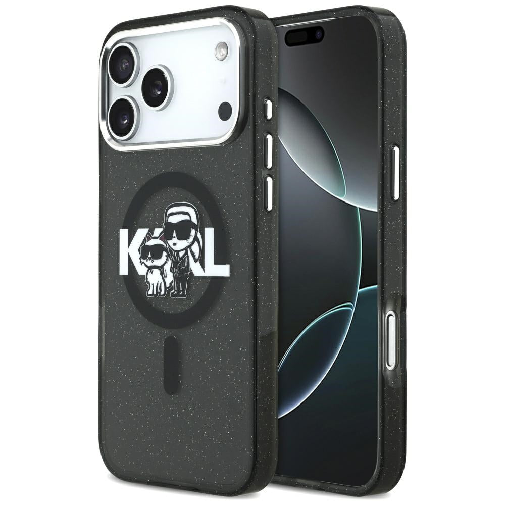 Karl Lagerfeld iPhone 17 Pro Max - IML Glitter Karl and Choupette Sketch Logo MagSafe - Σκληρή Θήκη με Πλαίσιο Σιλικόνης - Black - KLHMP17XHGKCGKBK