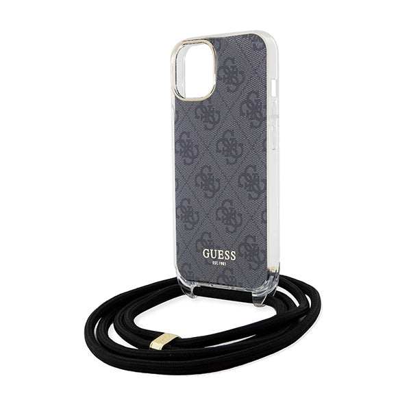 Guess iPhone 15 Crossbody Cord 4G Print Σκληρή Θήκη με Πλαίσιο Σιλικόνης και Λουράκι - Black - GUHCP15SHC4SEK