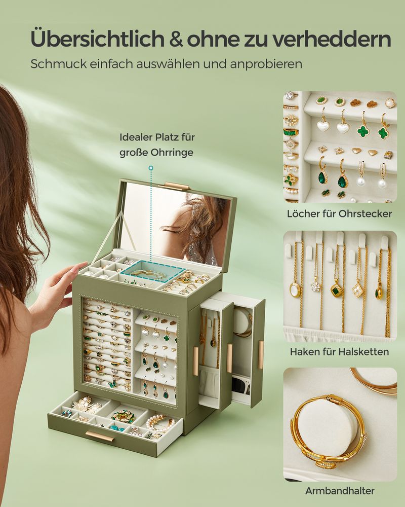 Songmics Κουτί Αποθήκευσης Κοσμημάτων με Καθρέπτη - Laurel Green / Metallic Gold - JBC162C02