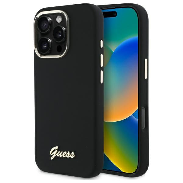 Guess iPhone 16 Pro - Silicone Script Metal Logo and Frame - Σκληρή Θήκη με Πλαίσιο Σιλικόνης - Black - GUHCP16LSMBSLK