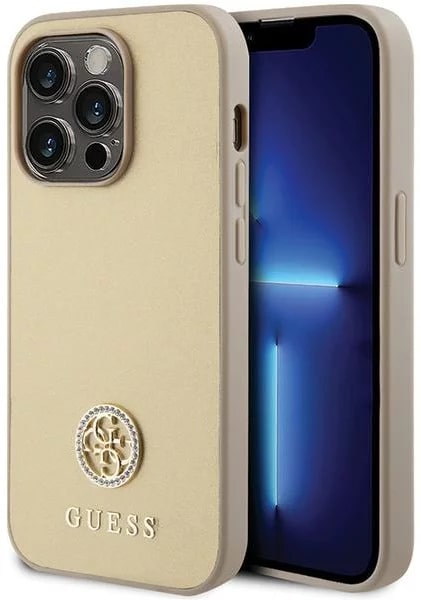 Guess iPhone 15 Pro 4G Strass Metal Logo Θήκη με Επένδυση Συνθετικού Δέρματος - Gold - GUHCP15LPS4DGPD