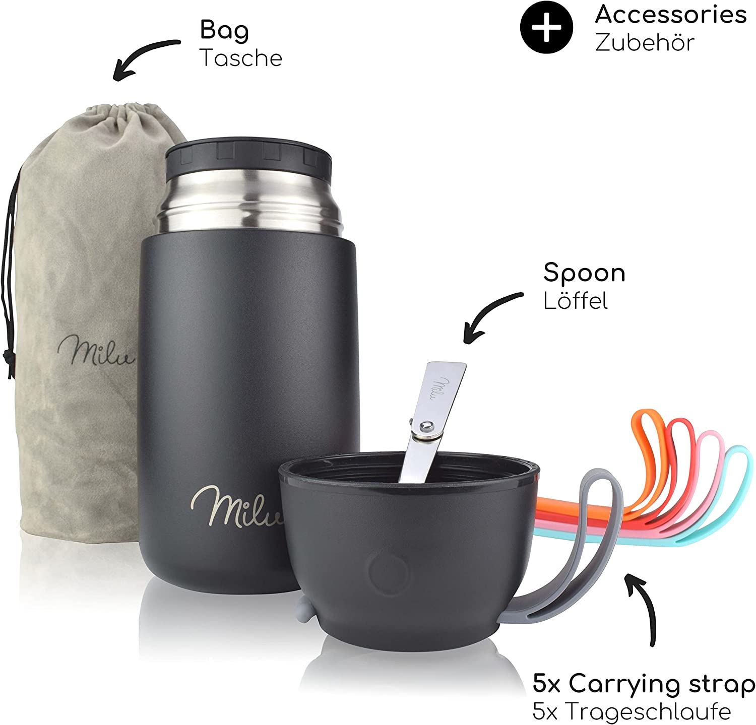 Milu Θερμός Φαγητού από Ανοξείδωτο Ατσάλι με Καπάκι-Μπολ και Κουτάλι - 800ml - Black - 2310