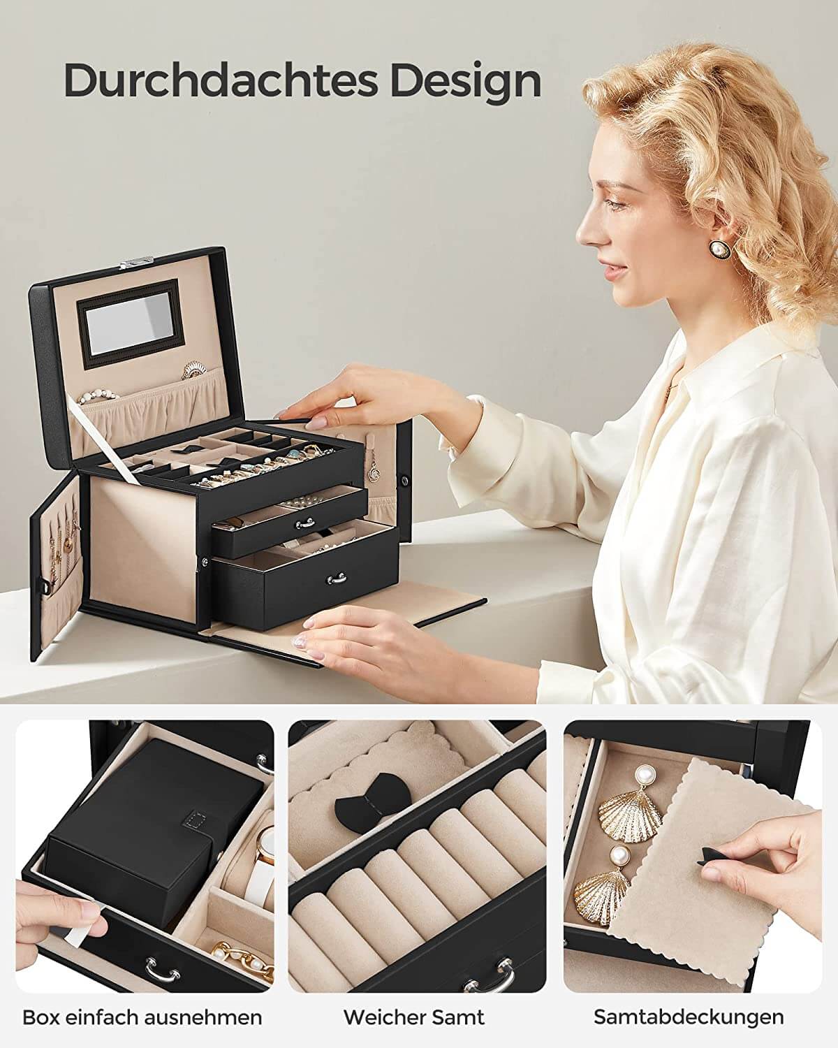 Songmics Φορητό Κουτί Αποθήκευσης Κοσμημάτων με Καθρέπτη και Κλειδαριά - Black - JBC121B