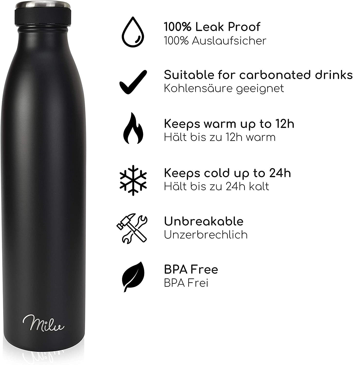 Milu T5 Stainless Steel Μπουκάλι Θερμός από Ανοξείδωτο Ατσάλι για Ζεστά και Κρύα Ροφήματα - 1000ml - Black Matt - 6512