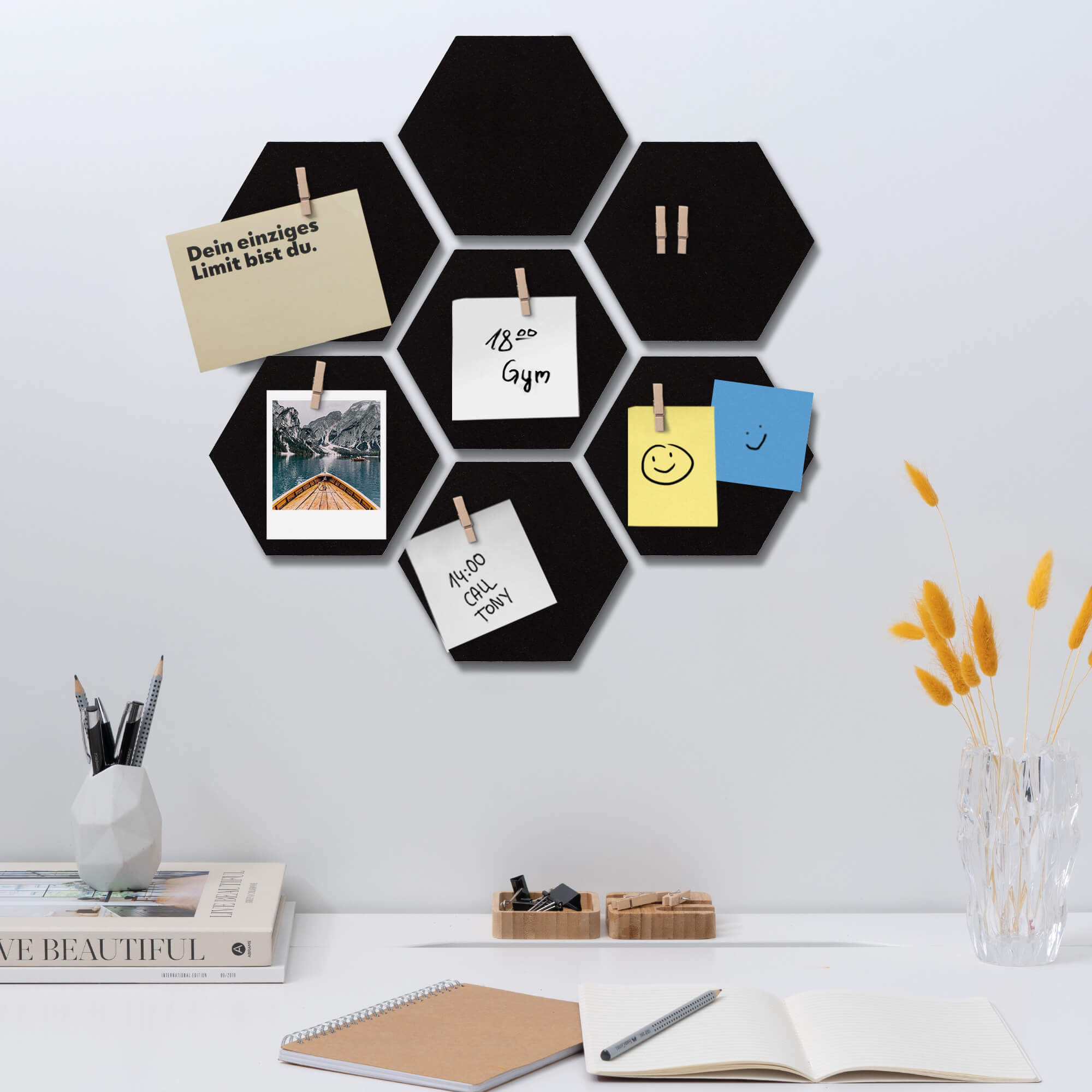 Navaris Cork Pin Board Hexagonal - Σετ με 10 Πίνακες Ανακοινώσεων από Φελλό και 50 Πινέζες - Black - 53218.01