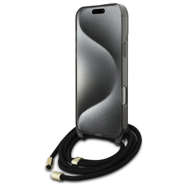 Guess iPhone 16 Pro Max - Crossbody Cord Script MagSafe - Σκληρή Θήκη με Πλαίσιο Σιλικόνης και Λουράκι - Black - GUHMP16XHCTSGNSK