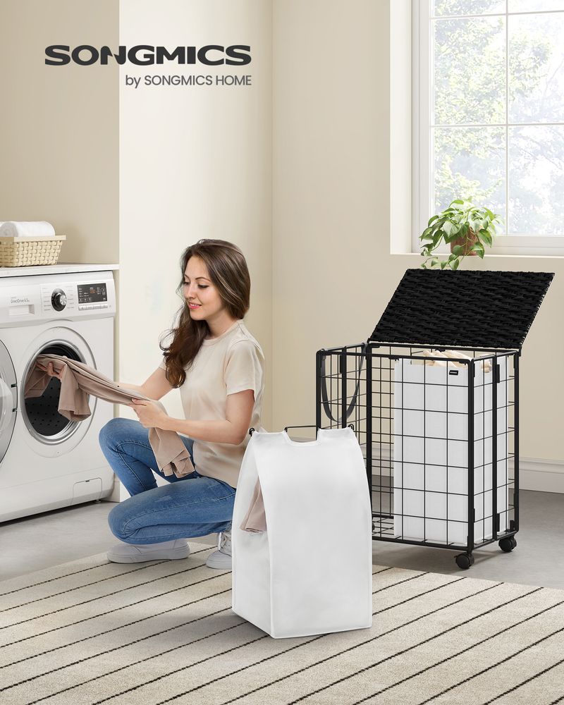 Songmics Τροχήλατο Αναδιπλούμενο Καλάθι Απλύτων με 2 Χωρίσματα και Καπάκι - 110L - Black / White - LCB211B12