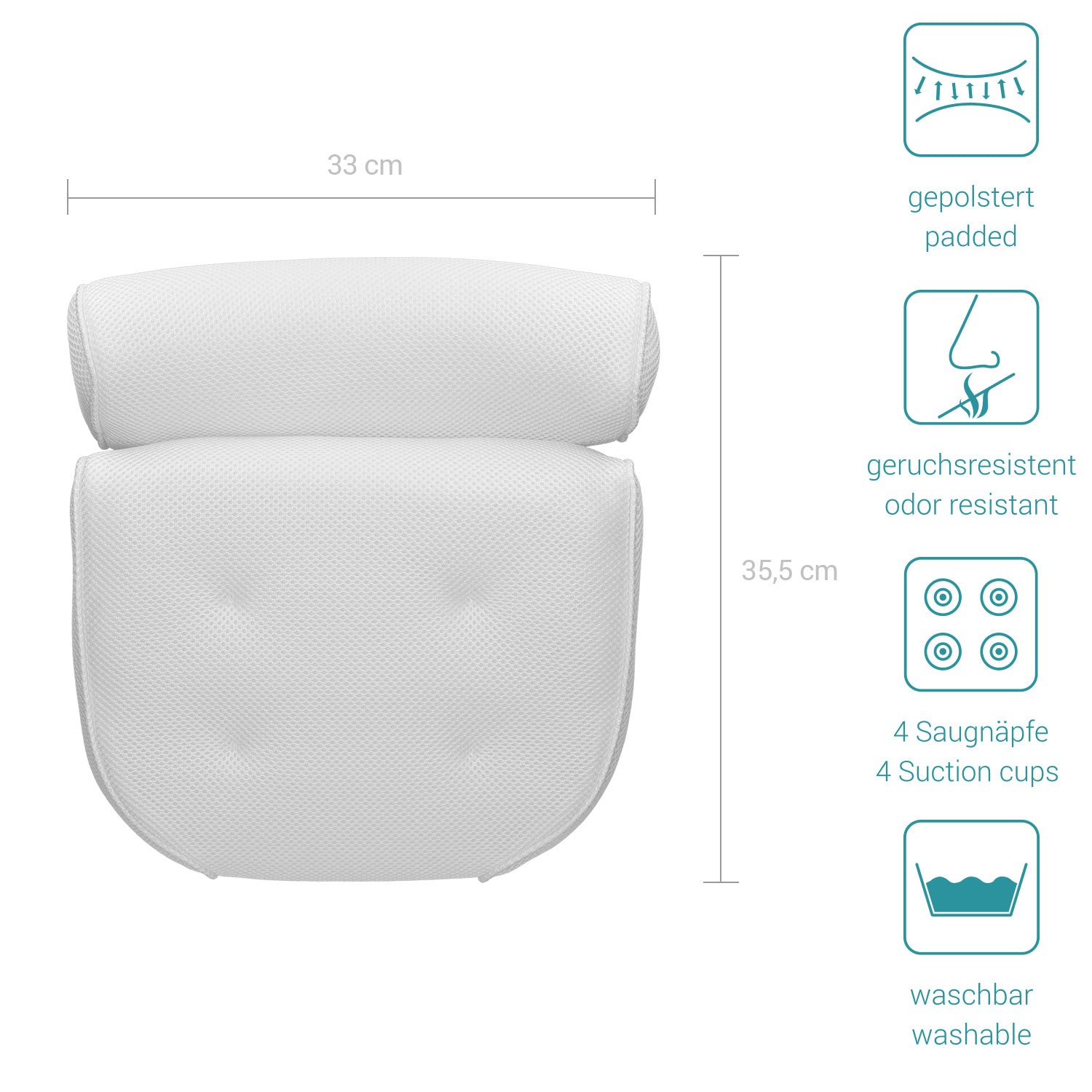 Navaris Bath Pillow Large Anti-Slip Cushion for Head Neck Shoulders Αντιολισθητικό Μαξιλάρι Μπάνιου - White - 41634