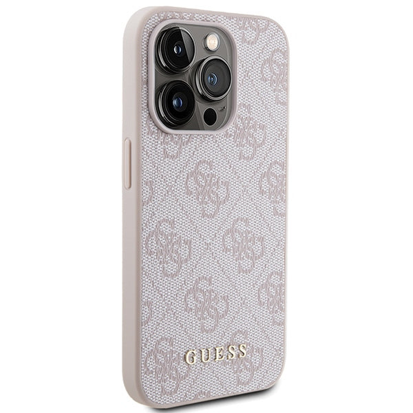 Guess iPhone 15 Pro - 4G Metal Gold Logo Σκληρή Θήκη με Επένδυση Συνθετικού Δέρματος - Pink - GUHCP15LG4GFPI