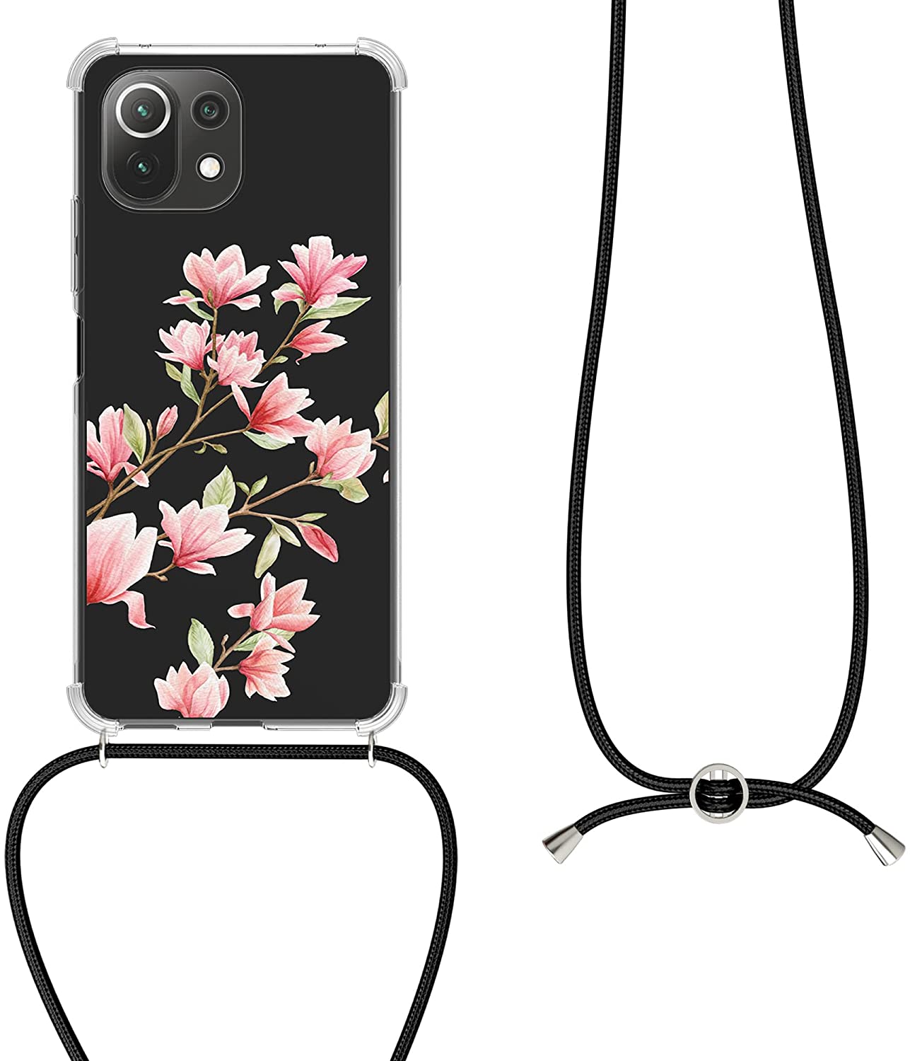 KW Xiaomi Mi 11 Lite / Mi 11 Lite 5G Θήκη Σιλικόνης TPU με Λουράκι Design Magnolias - Light Pink / White - Διάφανη - 56530.02