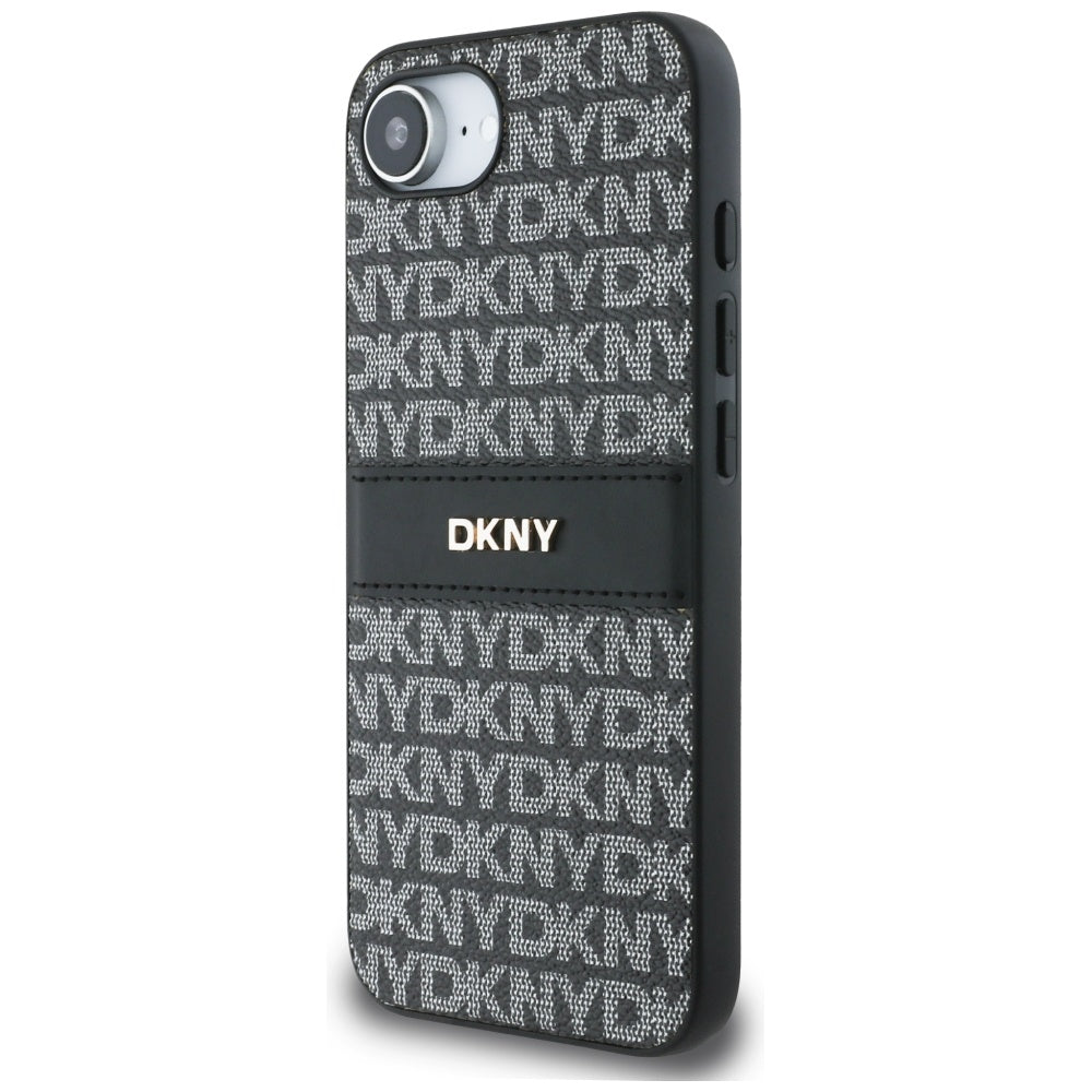 DKNY iPhone 16e - Repeat Texture Pattern with Tonal Stripe - Σκληρή Θήκη με Πλαίσιο Σιλικόνης και Επένδυση Συνθετικού Δέρματος - Black