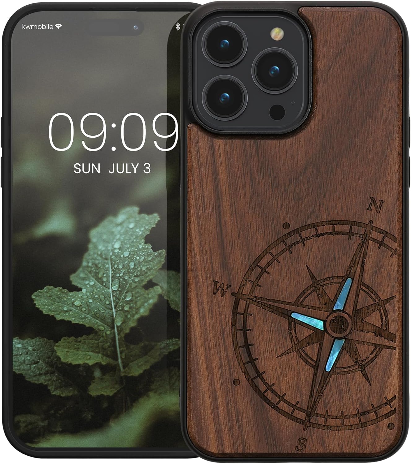 KW iPhone 14 Pro Max Θήκη από Φυσικό Ξύλο - Design Navigational Compass Mother of Pearl - Dark Brown