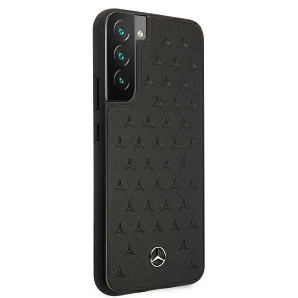 Mercedes Samsung Galaxy S22 Plus Stars Pattern Σκληρή Θήκη με Επένδυση Γνήσιου Δέρματος και Πλαίσιο Σιλικόνης - Black - MEHCS22MPSQBK