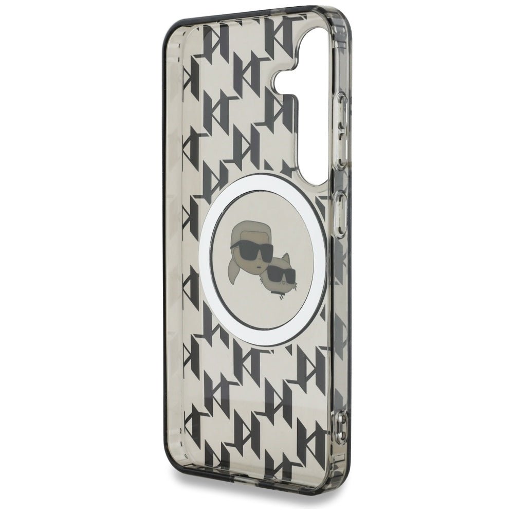 Karl Lagerfeld Samsung Galaxy S25 - Button Karl and Choupette Heads On KL Pattern - MagSafe Σκληρή Θήκη με Πλαίσιο Σιλικόνης - Black - KLHMS25SHMCKMHK