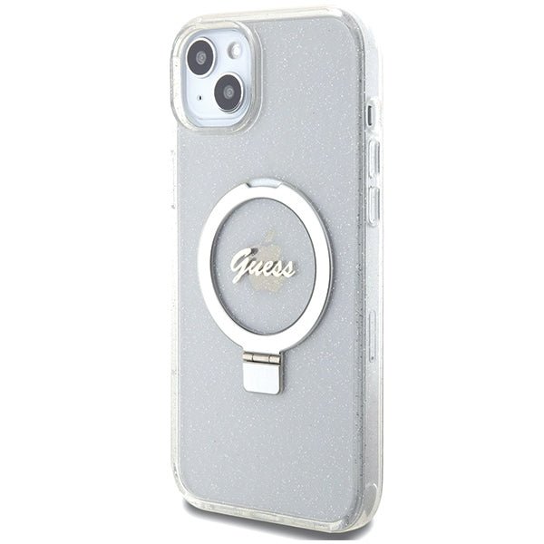 Guess iPhone 15 Plus Ring Stand Script Glitter Magsafe Σκληρή Θήκη με Πλαίσιο Σιλικόνης και MagSafe / Stand - Clear - GUHMP15MHRSGSD