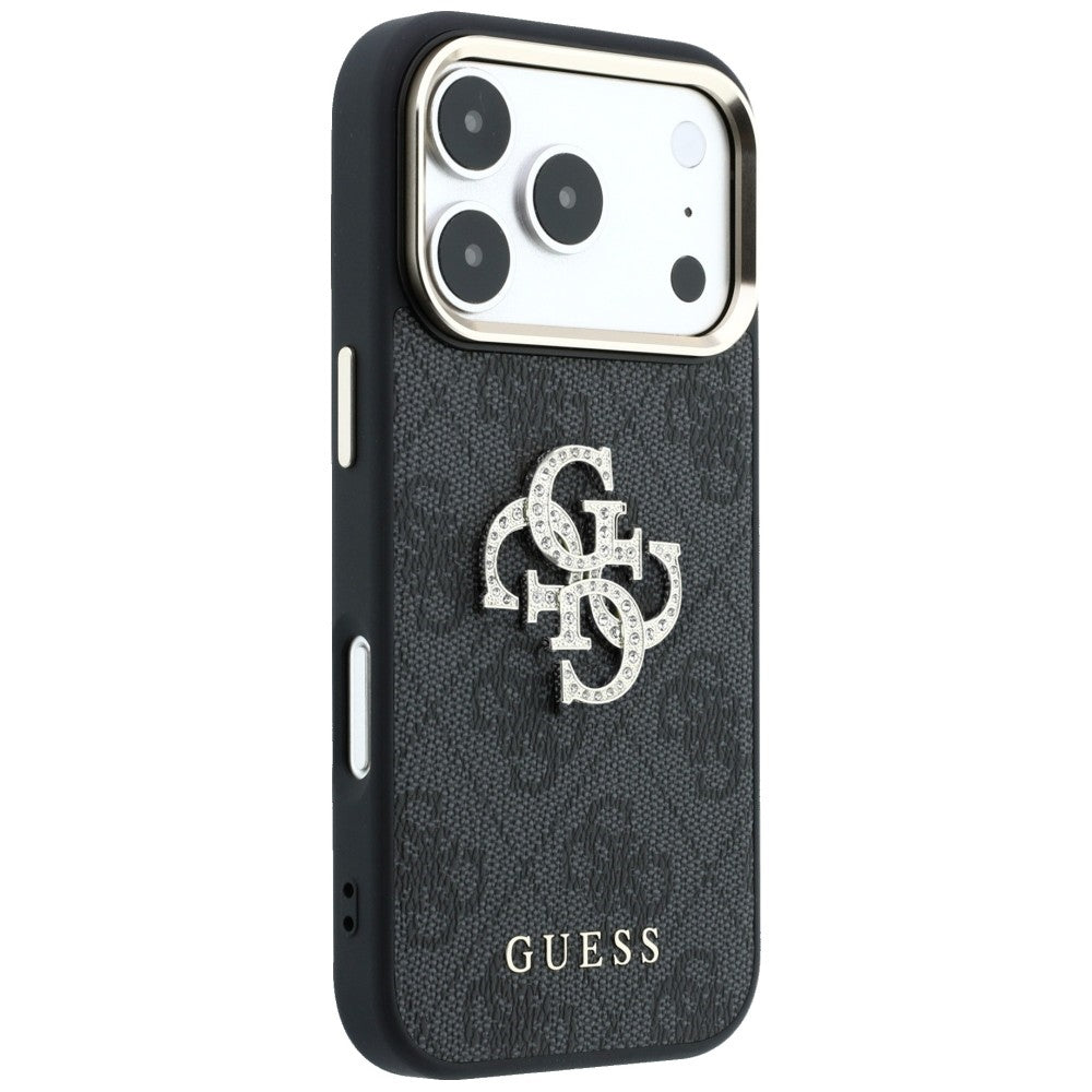 Guess iPhone 18 Pro Max / iPhone 17 Pro Max - Σκληρή Θήκη με Πλαίσιο Σιλικόνης και Επένδυση από Οικολογικό Δέρμα - 4G and Big Strass Logo - Black
