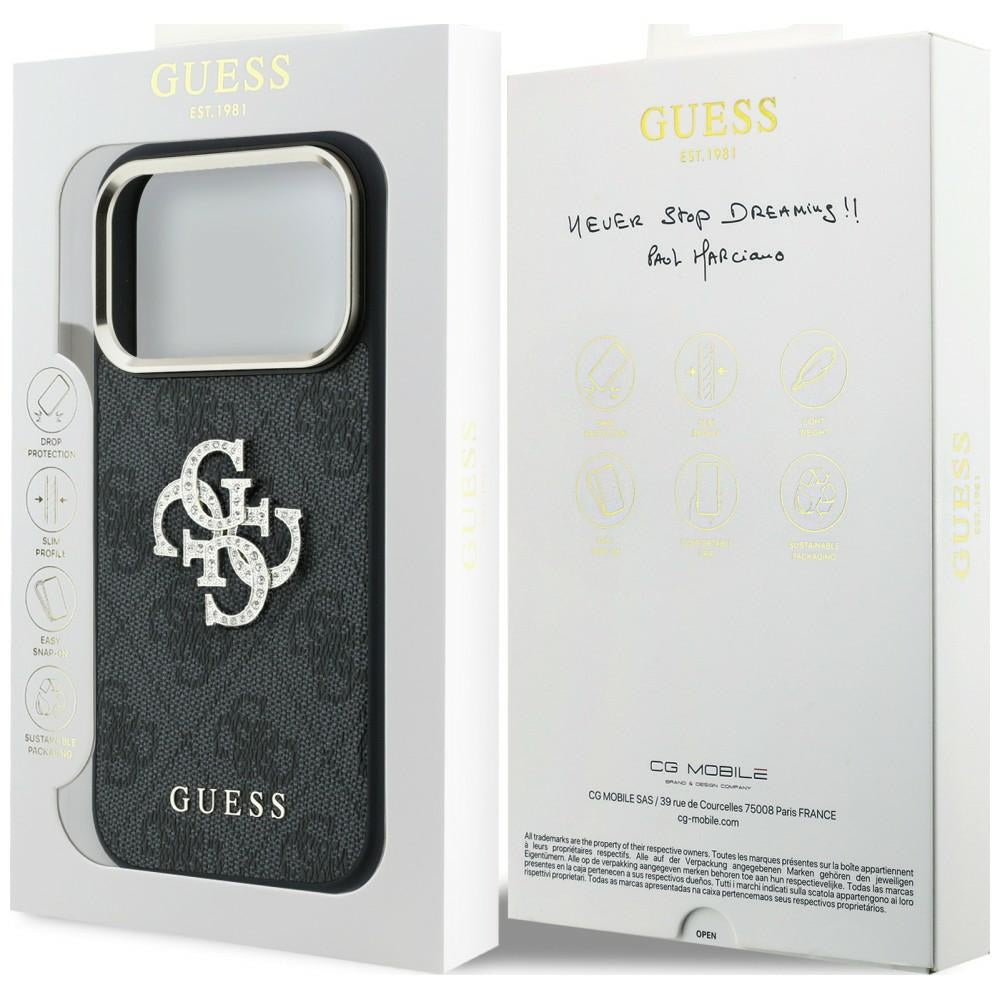 Guess iPhone 18 Pro Max / iPhone 17 Pro Max - Σκληρή Θήκη με Πλαίσιο Σιλικόνης και Επένδυση από Οικολογικό Δέρμα - 4G and Big Strass Logo - Black