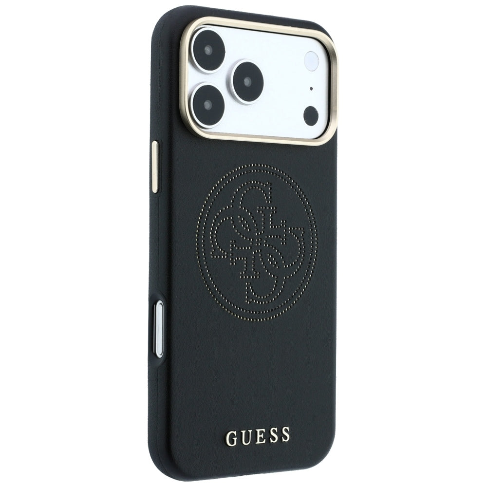 Guess iPhone 18 Pro Max / iPhone 17 Pro Max - Θήκη με Επένδυση Συνθετικού Δέρματος MagSafe - Perforated 4G Gold Logo - Black