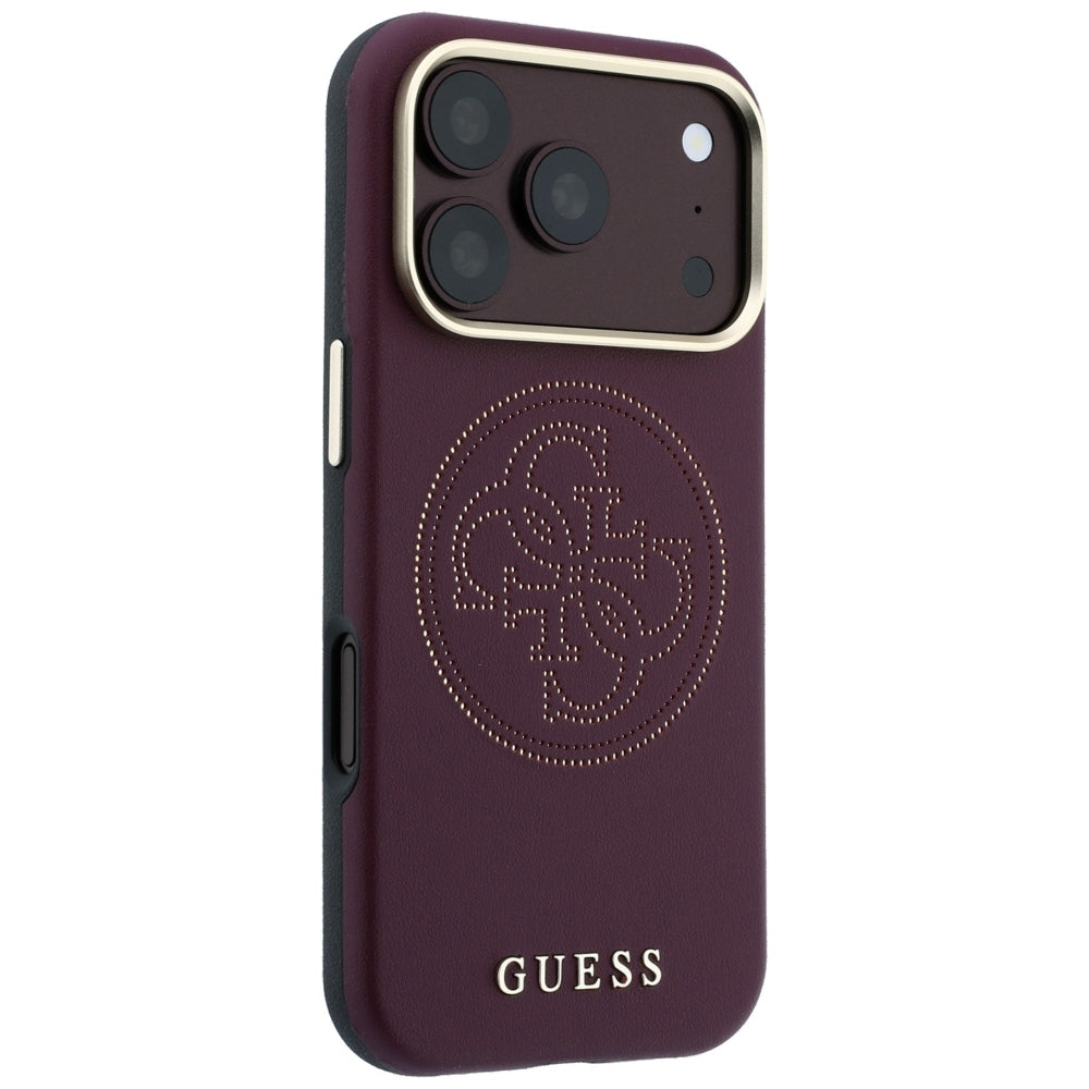 Guess iPhone 18 Pro Max / iPhone 17 Pro Max - Θήκη με Επένδυση Συνθετικού Δέρματος MagSafe - Perforated 4G Gold Logo - Burgundy