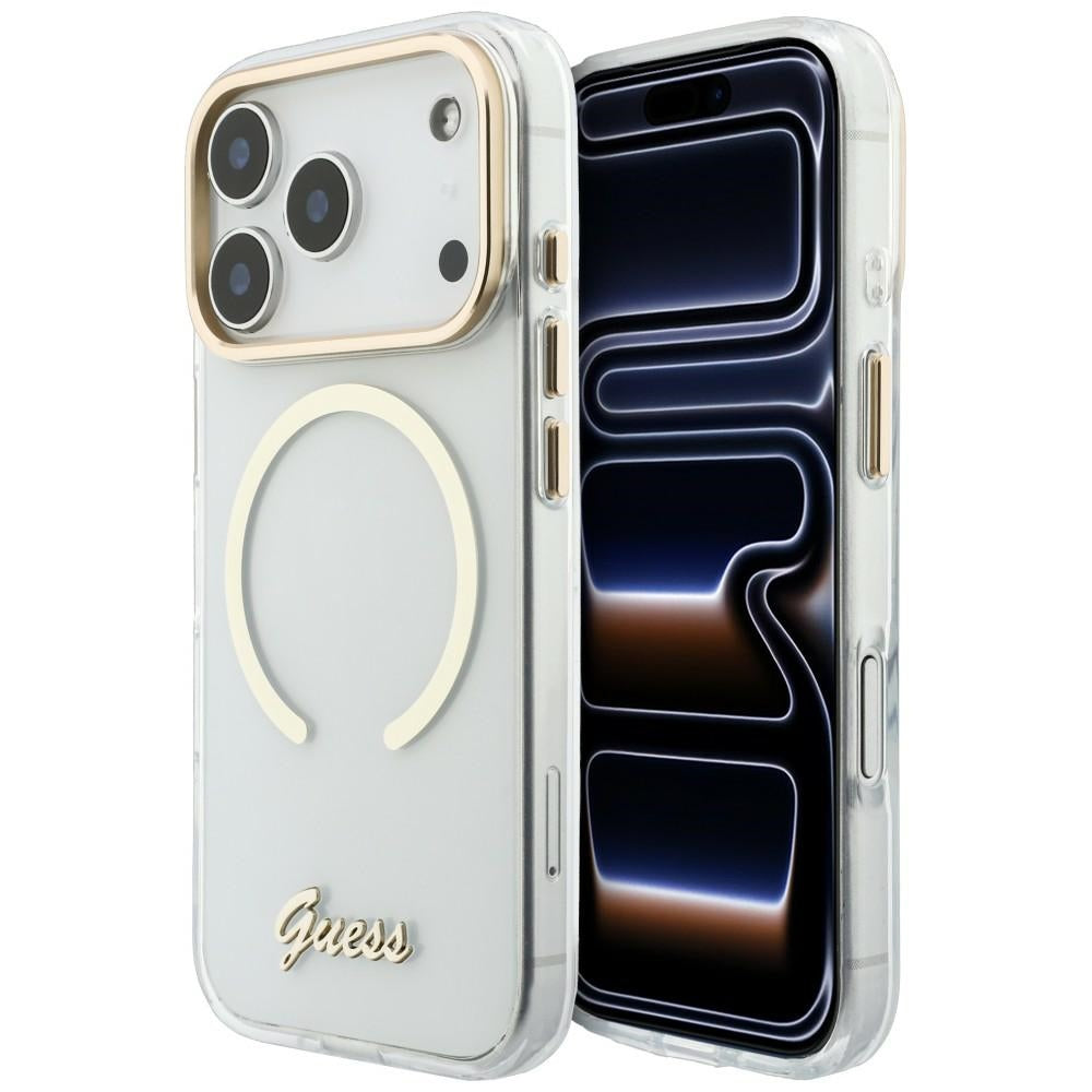 Guess iPhone 18 Pro / iPhone 17 Pro - Σκληρή Θήκη με Πλαίσιο Σιλικόνης και MagSafe - IML Script Metal - Clear