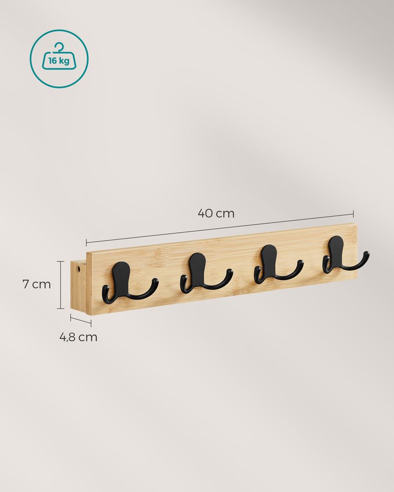 Songmics Επιτοίχια Ξύλινη Κρεμάστρα από Μπαμπού με 4 Μεταλλικούς Γάντζους και Ράφι - Natural Beige - LCR006N01