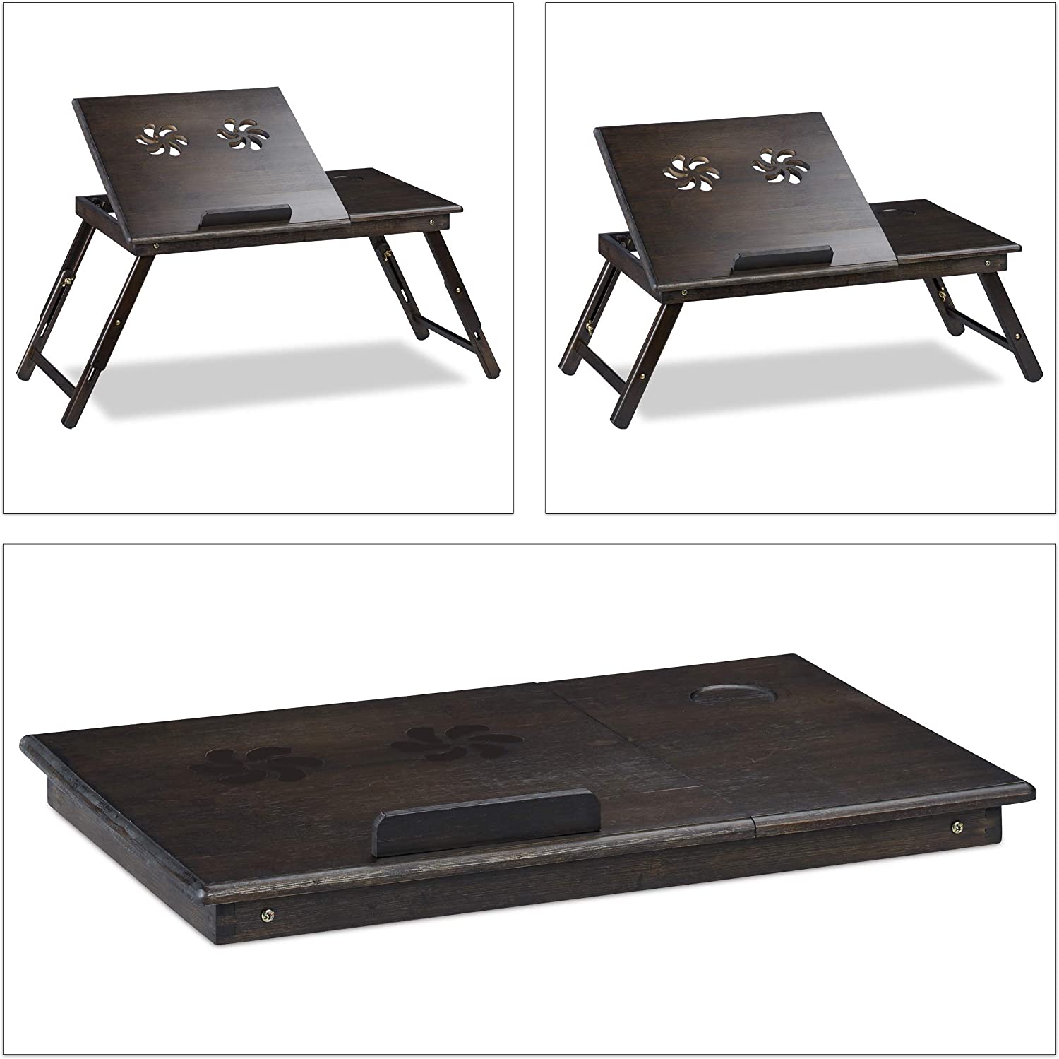 Relaxdays Bamboo Τραπεζάκι Κρεβατιού με Ρυθμιζόμενο Ύψος για Φορητό Υπολογιστή με Βάση για Ποτήρι - Brown - 4052025232559