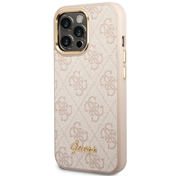 Guess iPhone 14 Pro Max 4G Vintage Gold Logo Σκληρή Θήκη με Πλαίσιο Σιλικόνης - Pink - GUHCP14XHG4SHP