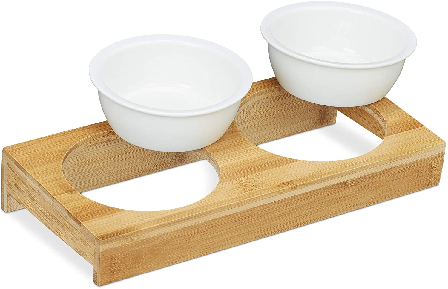 Relaxdays Ξύλινη Βάση από Μπαμπού με 2 Κεραμικά Μπολ για Κατοικίδια - 200 ml - Natural / White - 4052025325770